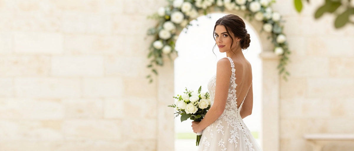 Bride in a lace wedding gown from Solana Bridal